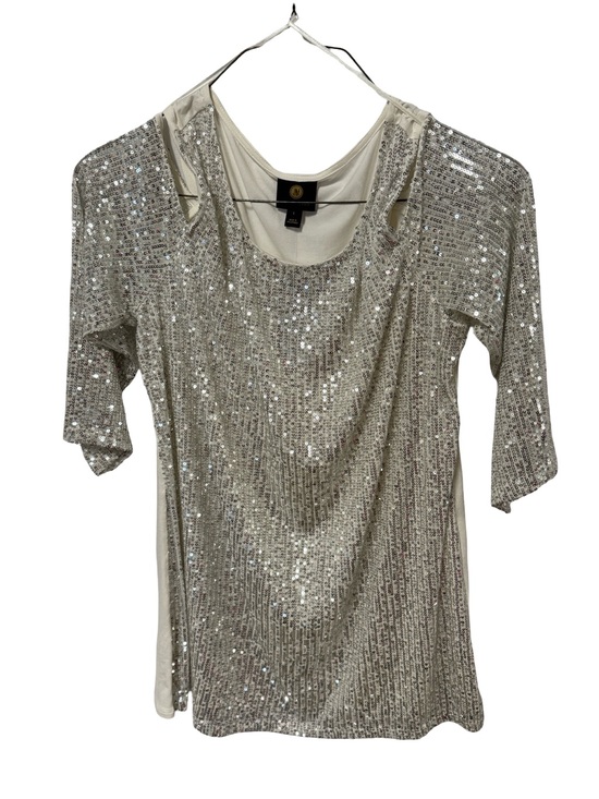 JM Collection Tops - JM Collection Silver Sequin Cold Shoulder Blouse